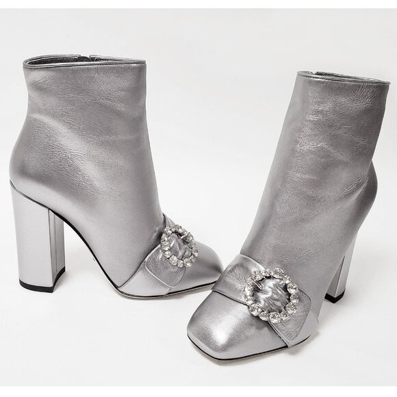 DOLCE & GABBANA BOOTS ANKLE METALLIC SILVER LEATHER JEWELED BUCKLE IT 38 US 7.5 - Picture 7 of 13